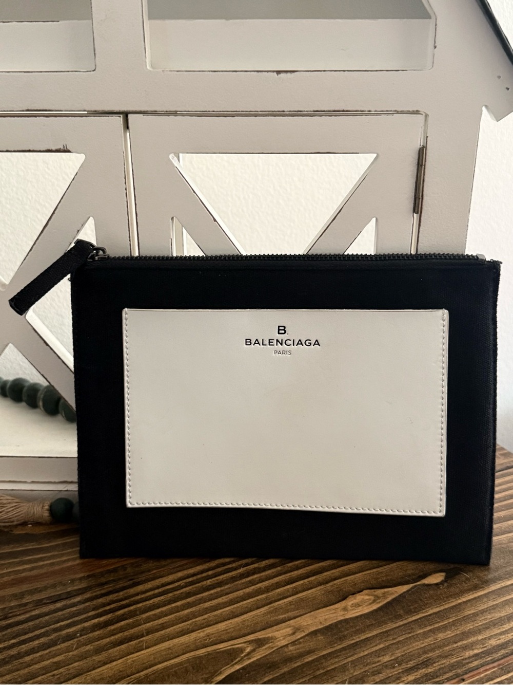 Balenciaga Black and White Zip Pouch with Front Panel